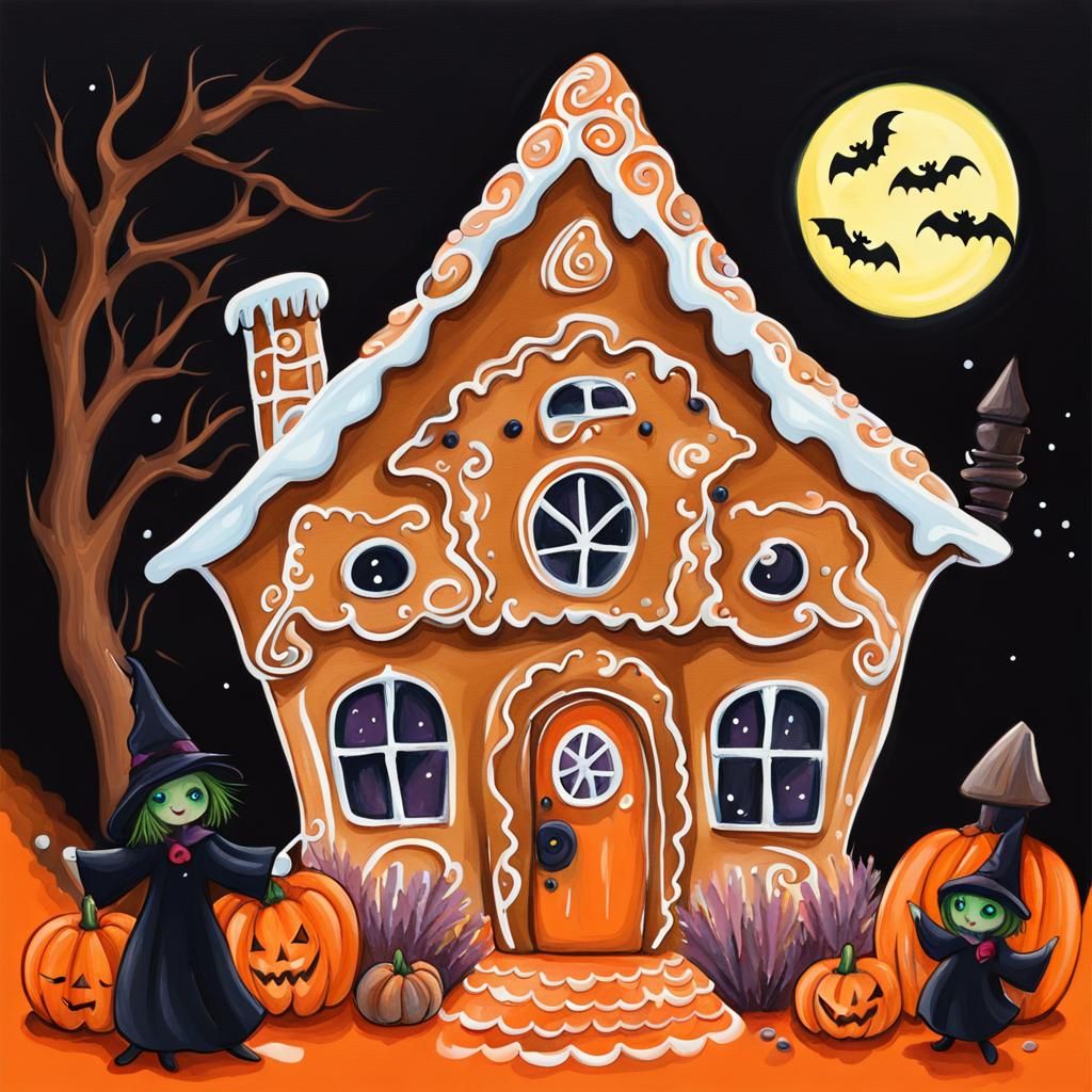 Spooky Halloween Gingerbread House Gouache Painting