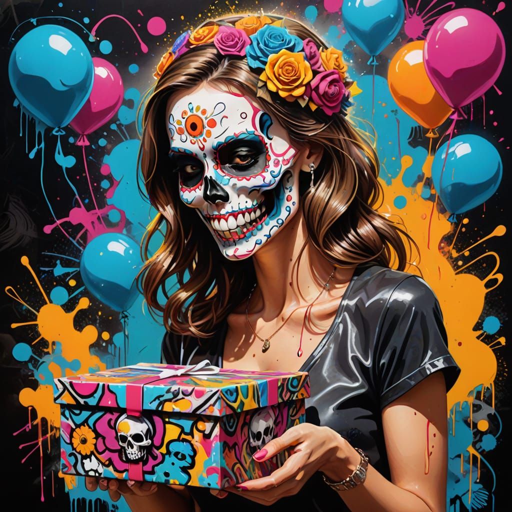Elegant Lady Opens Gift Revealing Skull Graffiti Art