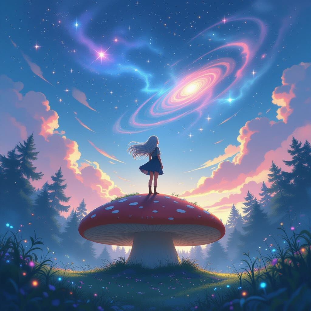 Anime Girl on Giant Mushroom Under Nebula Sky