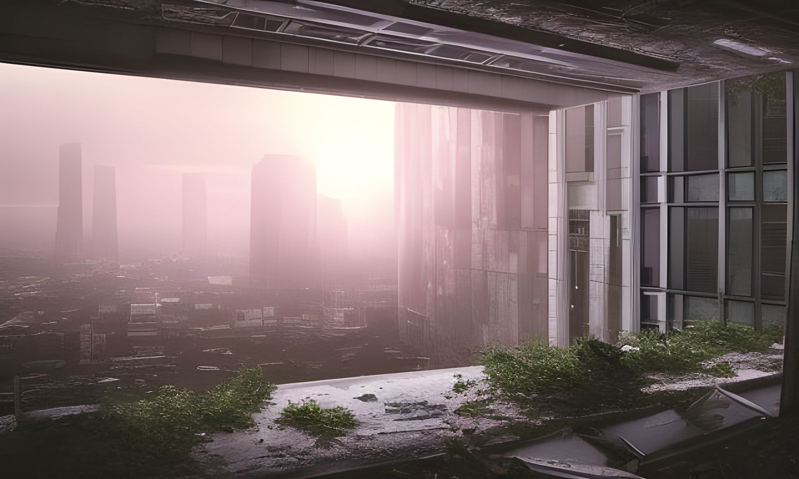 Overgrown Futuristic City View at Sunset