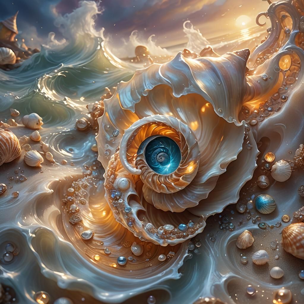 Stormy Mist Inside Seashell in Mystical Realism