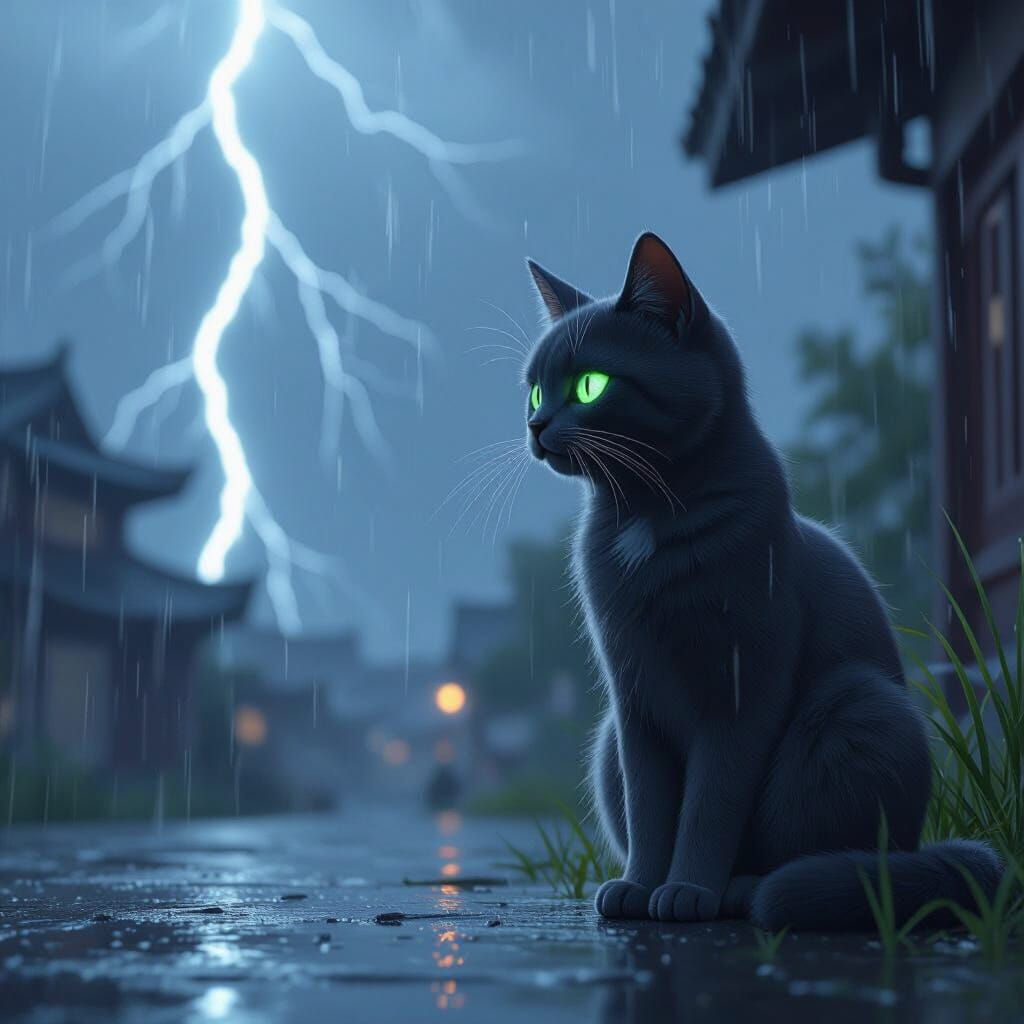 Cat in Thunderstorm with Glowing Eyes as 3D Anime