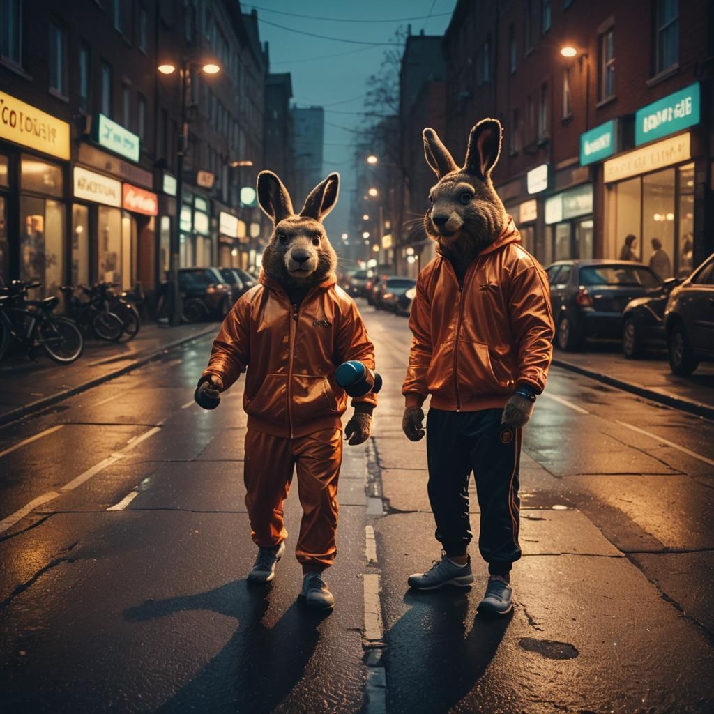 Hare and Bear Lift Weights in Film Noir Style