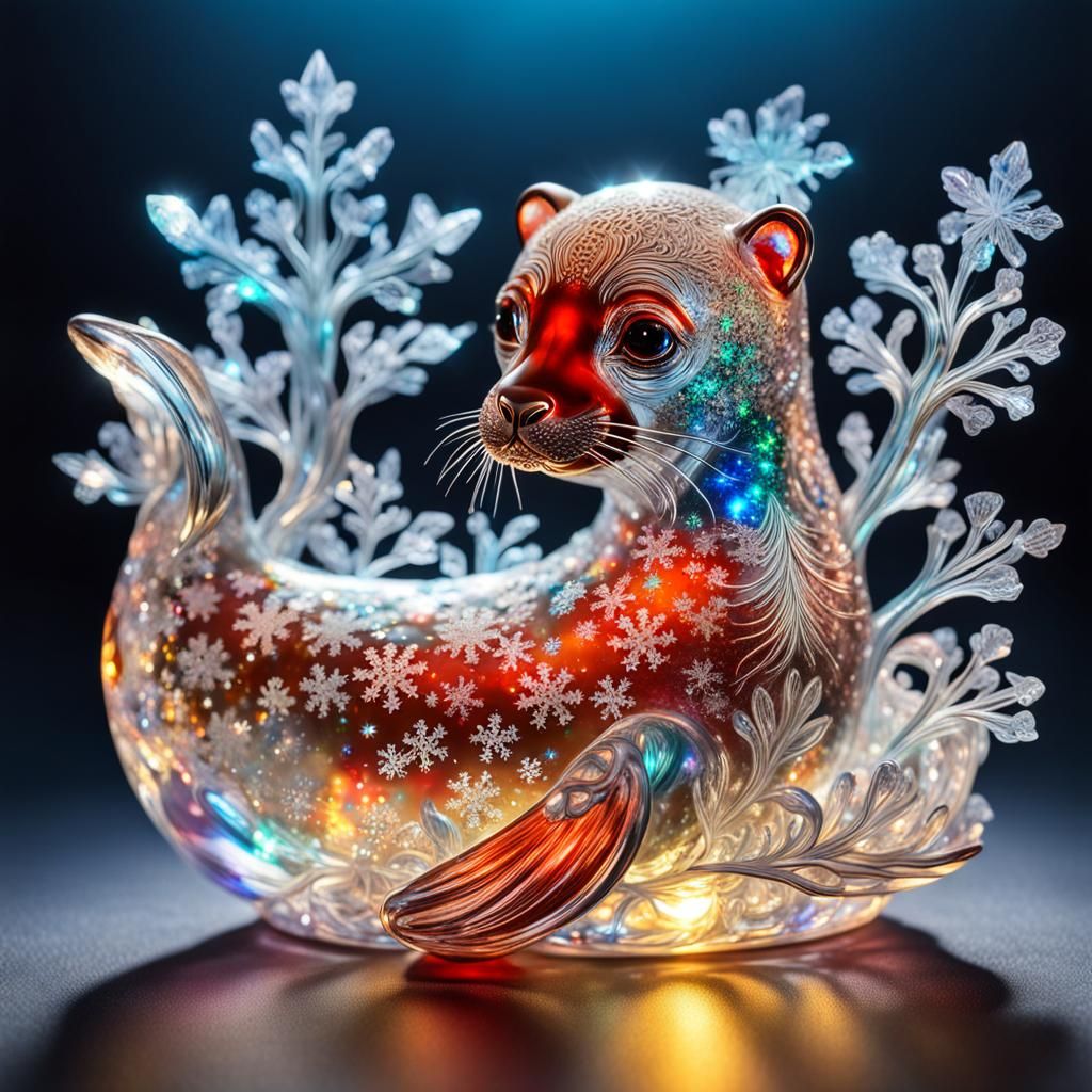 Bioluminescent Crystal Seal Sculpture in Silver Glass