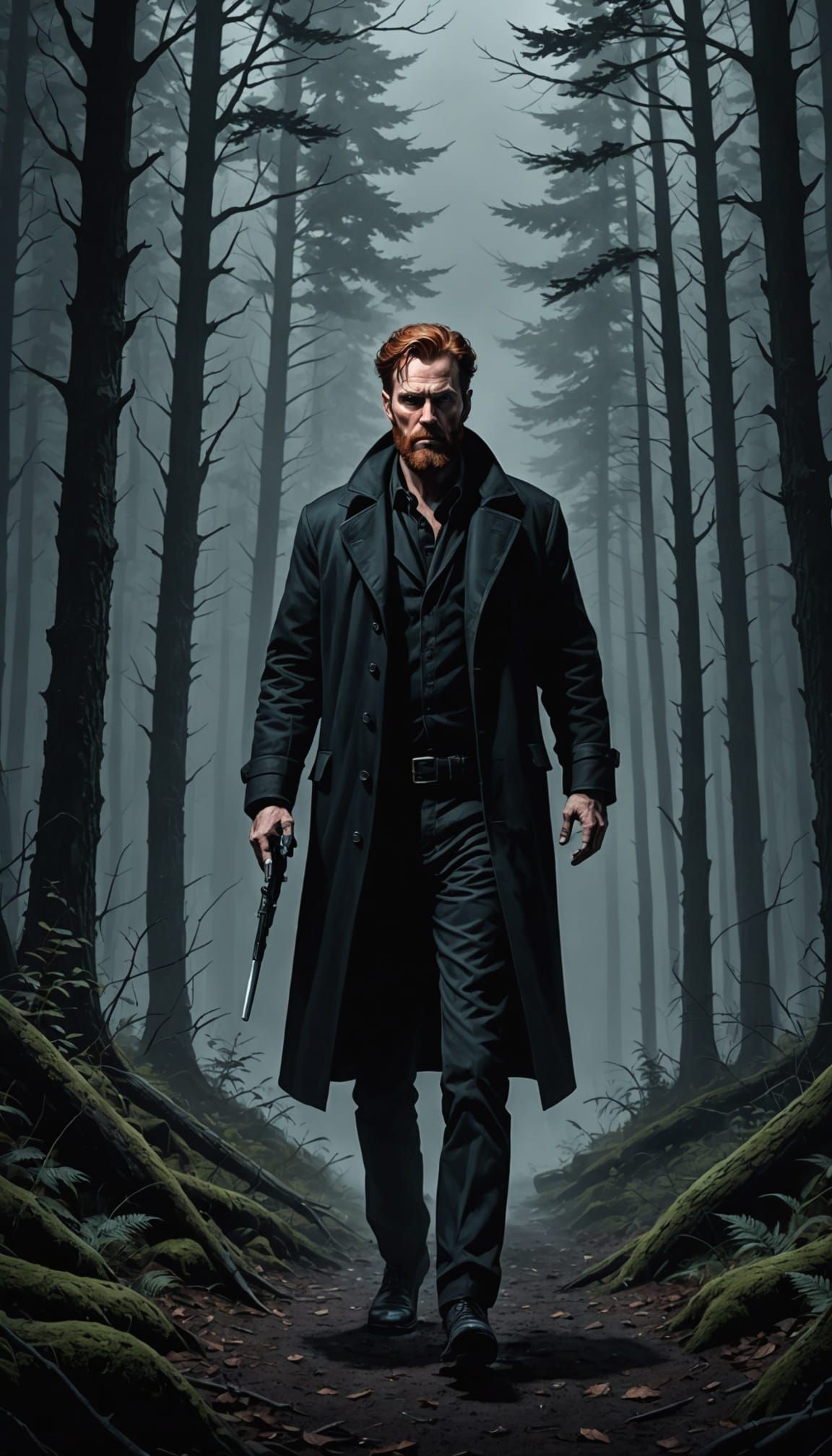 Noir Portrait in Misty Forest at Night