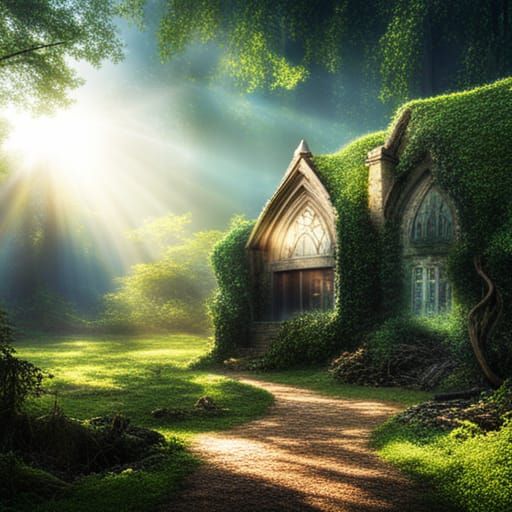 Mystical Building in Magical Forest with Divine Light