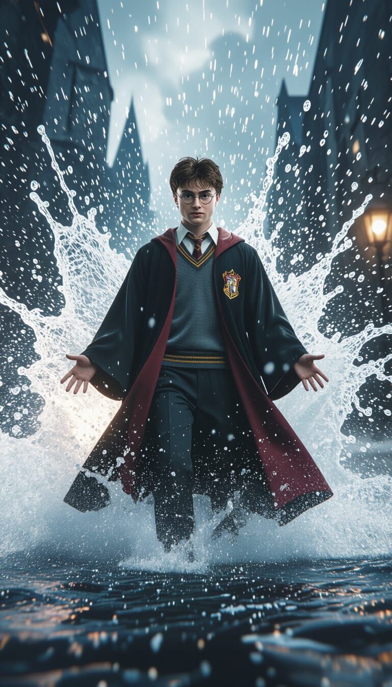 Wizard in Exploding Water: Hyperrealistic Cinematic Scene