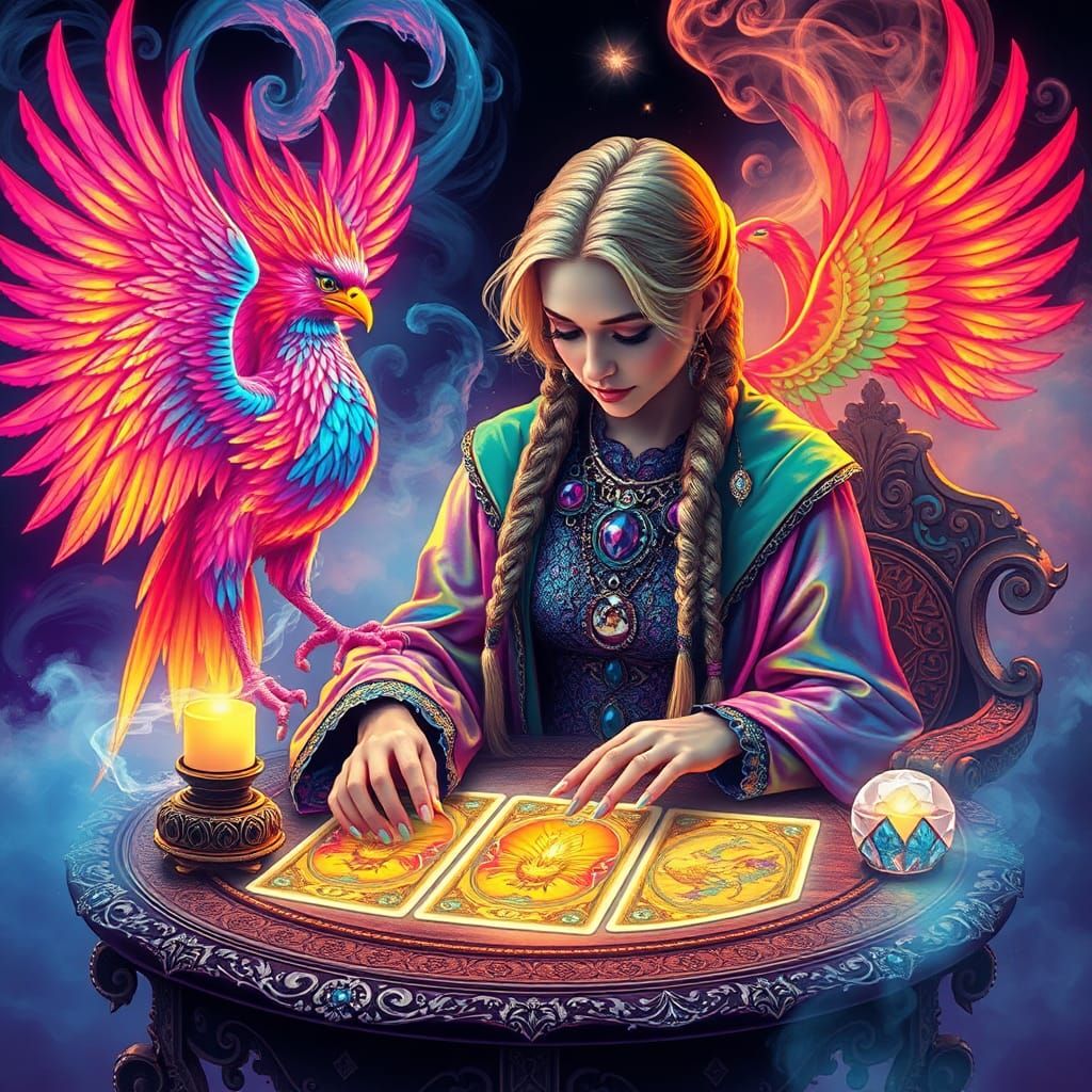 Tarot Reader and Phoenix in Pop-Surreal Dreamscape