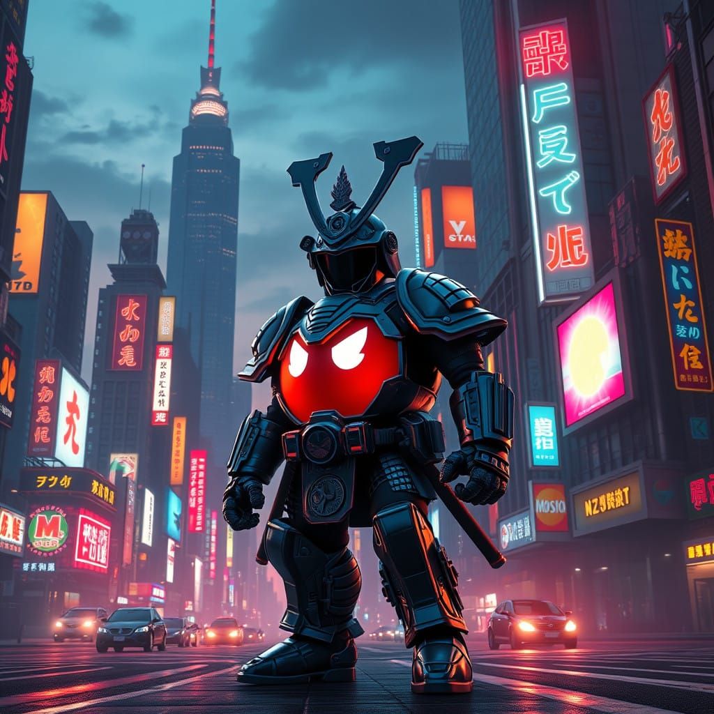 Cyberpunk Samurai Pac-Man: Neon Hero in Futuristic City