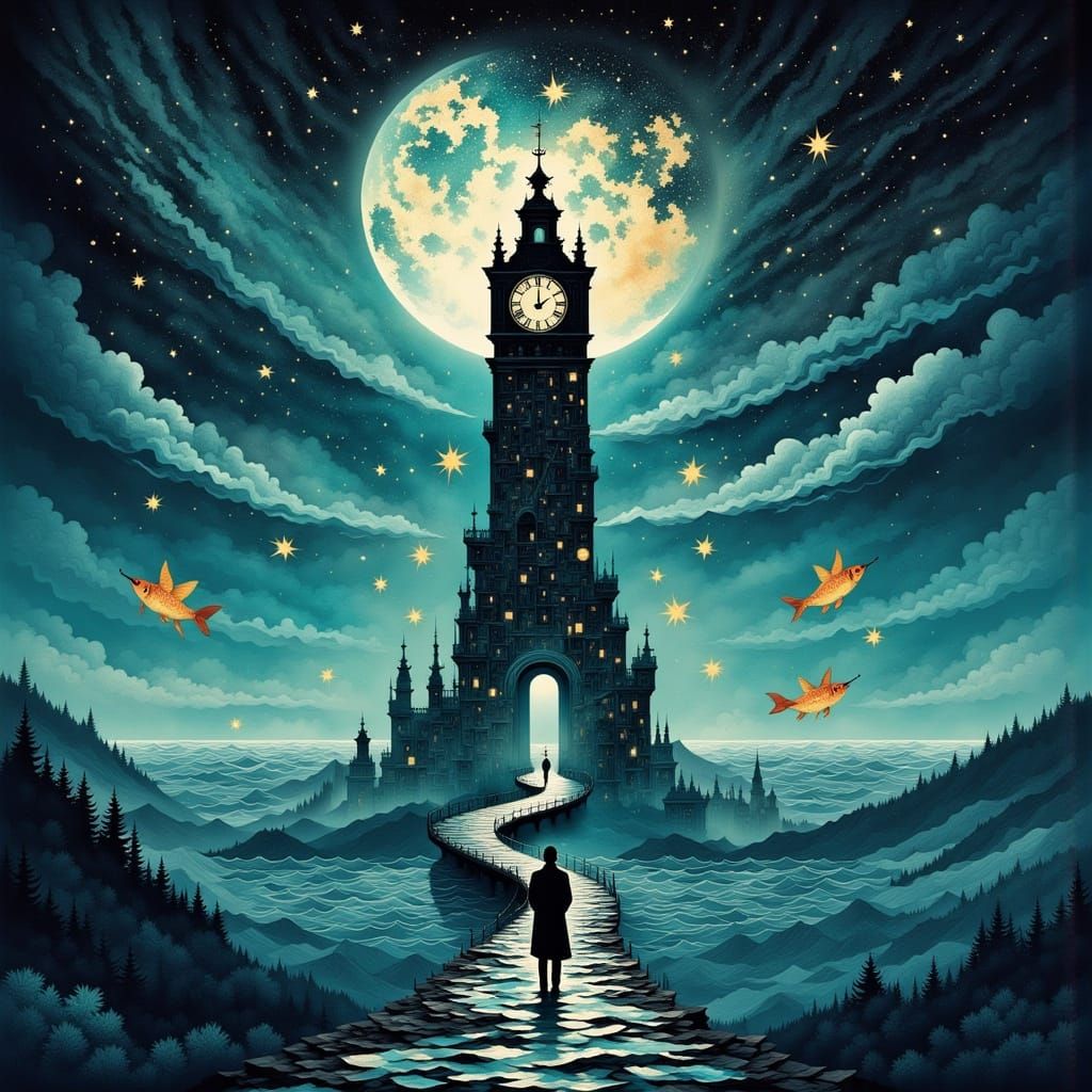 Surreal Clock Tower in Starlight Ocean
