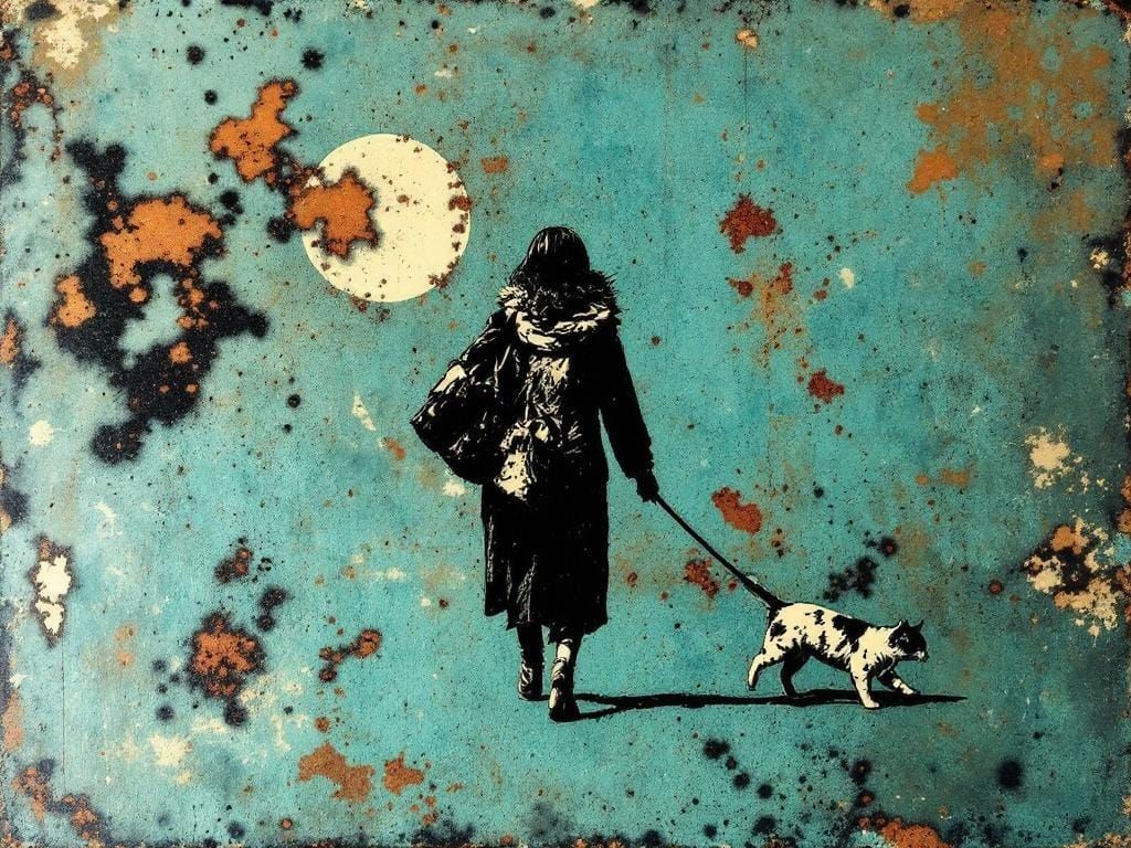 Woman Walks Cat in Tokyo with Verdigris Patina