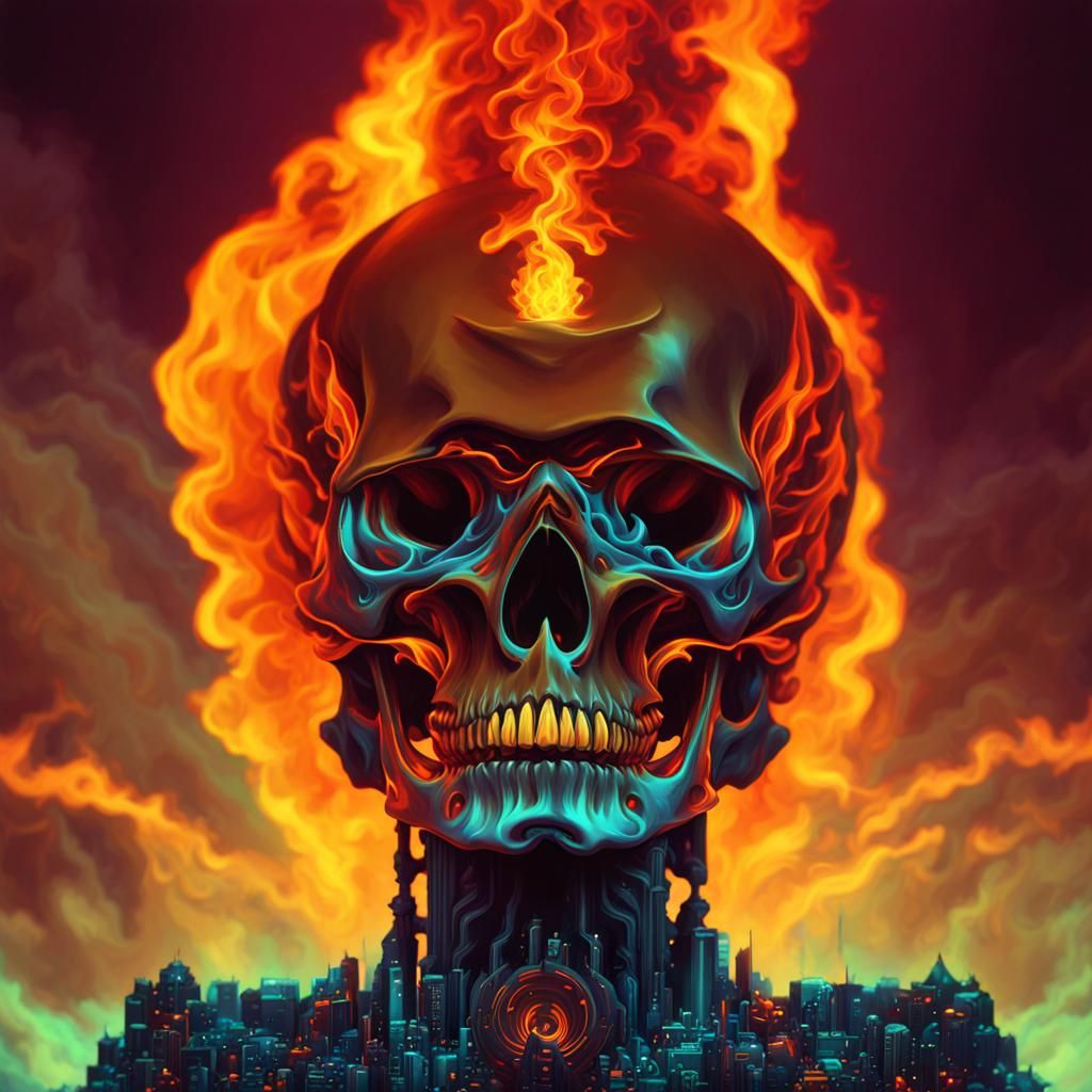 Burning Skull in Psychedelic Hellscape