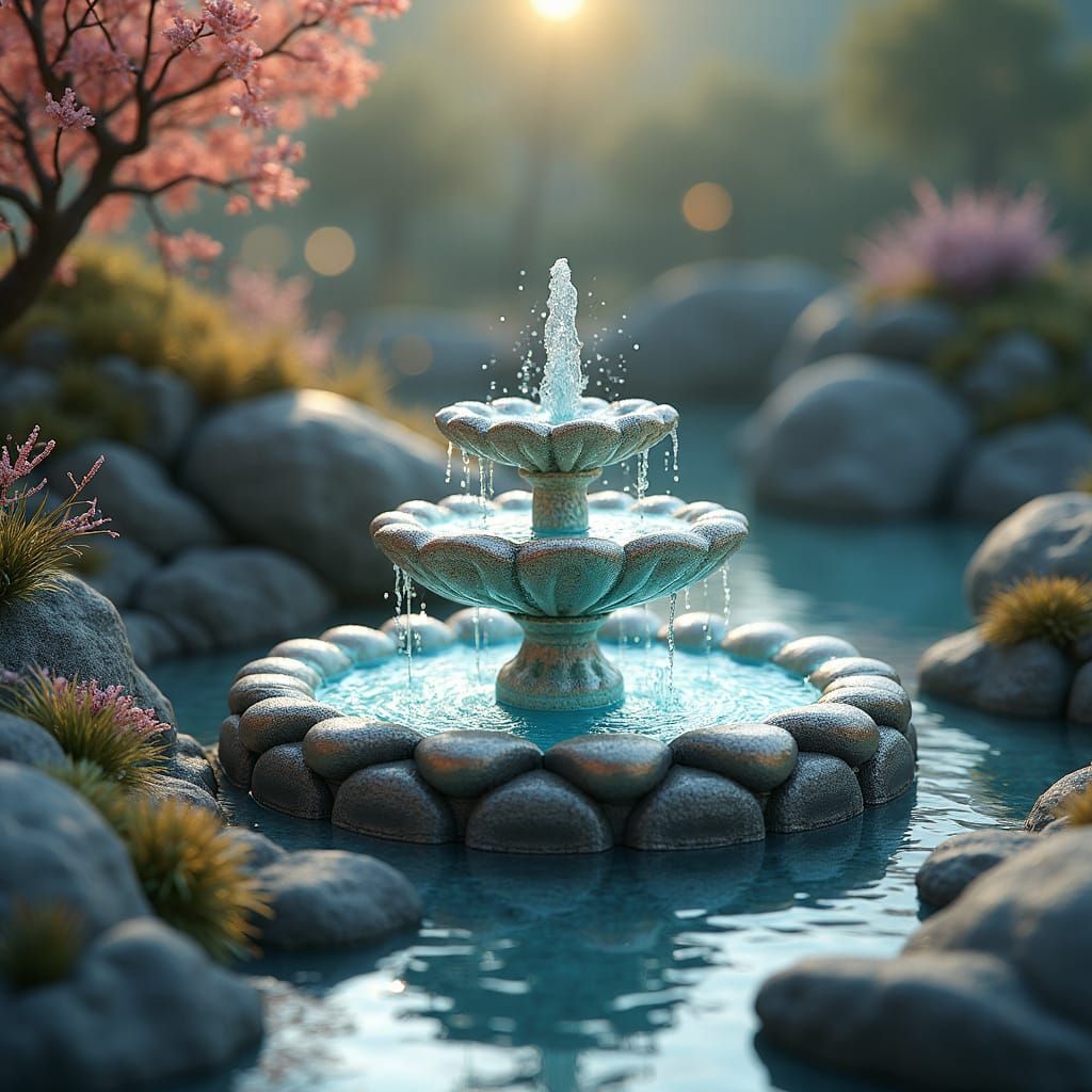 Miniature Iridescent Fountain Landscape as Matte Painting