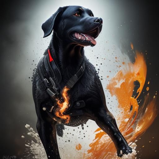 Hyperrealistic Black Labrador Gun Dog with Fire Eyes