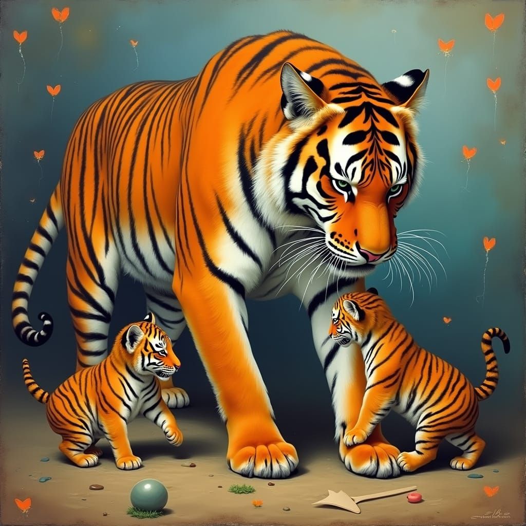 Tiger and Cubs in Surrealist Style