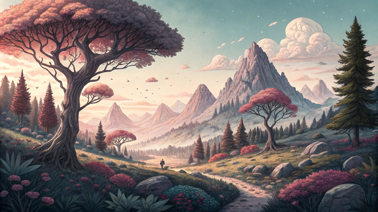 Whimsical Doodle Fantasy Landscape in Matte Painting Style