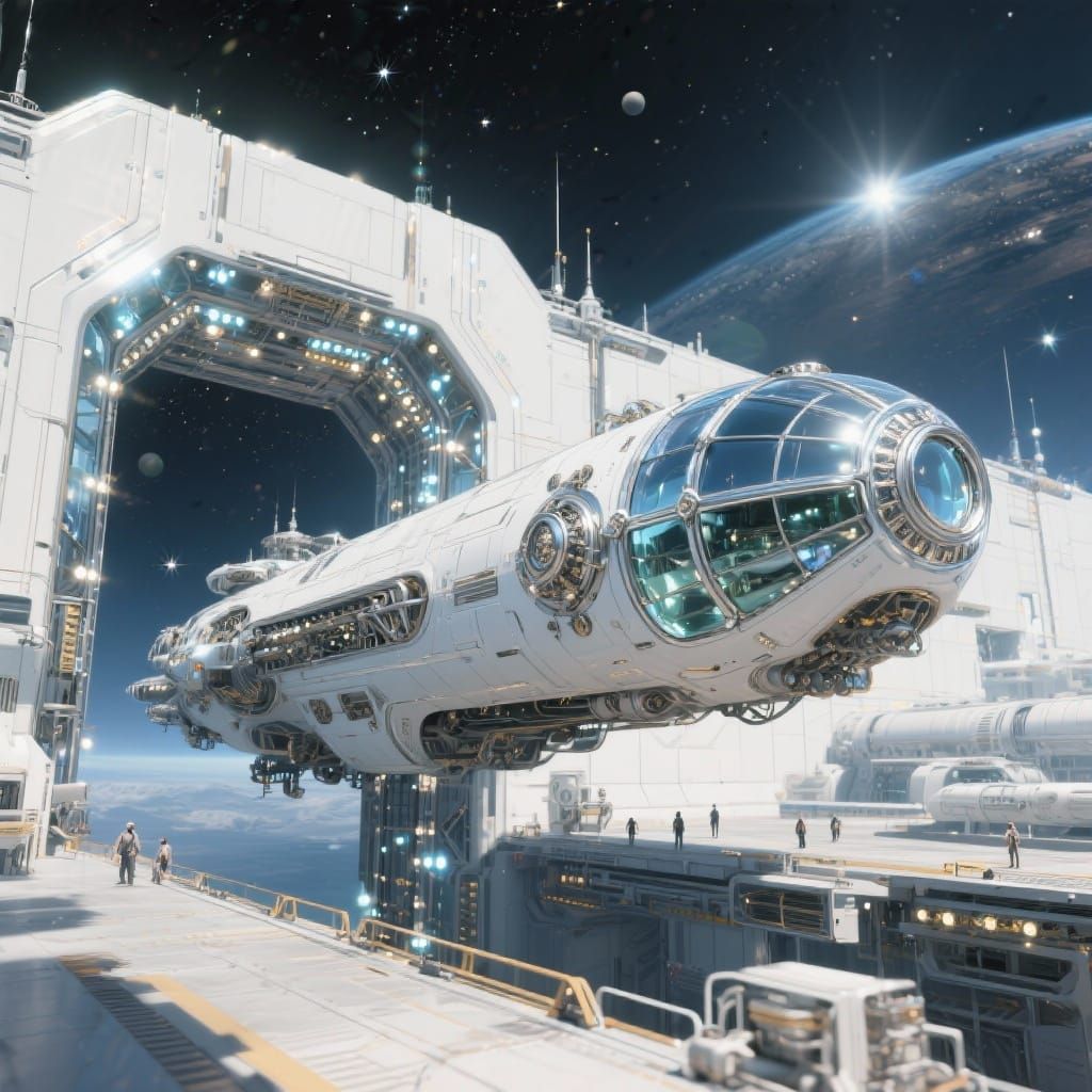 Steampunk Spaceship Docked at Futuristic Station