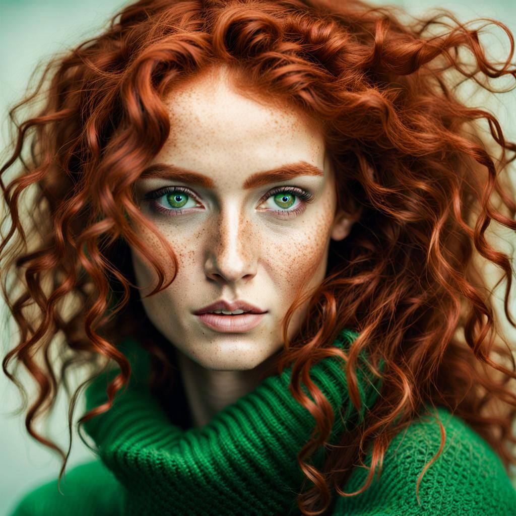 Ethereal Woman with Red Hair and Green Sweater