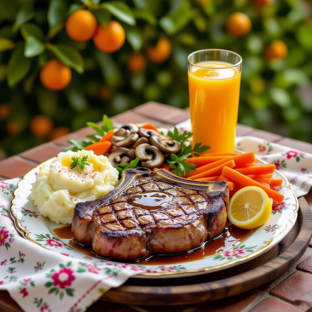 Hyperrealistic T-Bone Steak Feast With Orange Grove View