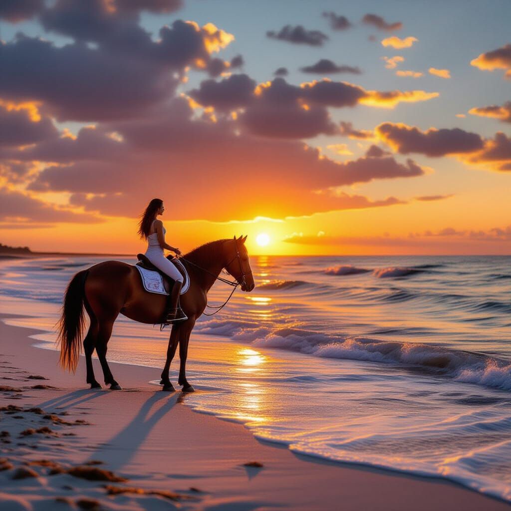 Woman Riding Horse on Beach at Sunset