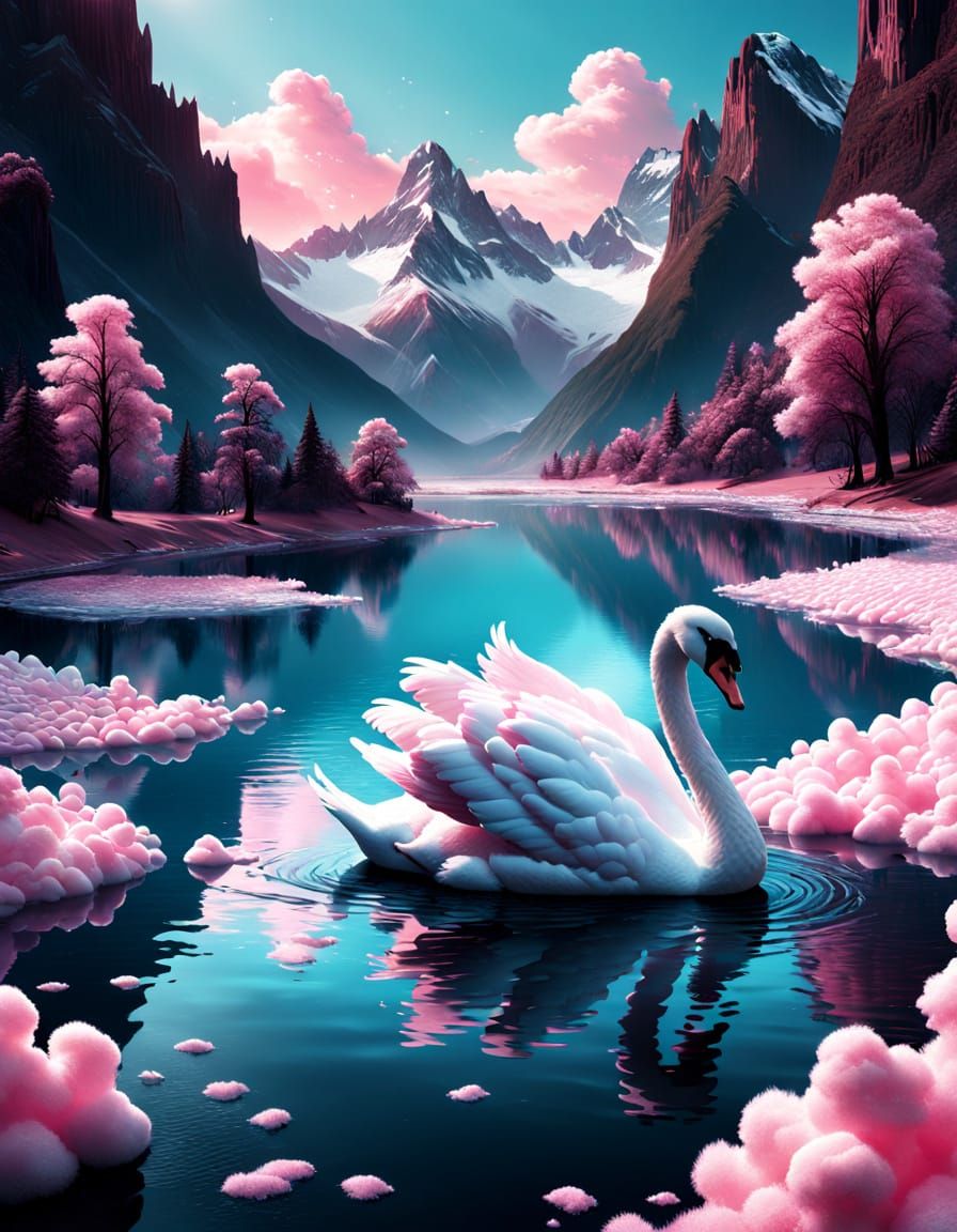 Chocolate Lake Swan in Cotton Candy Landscape