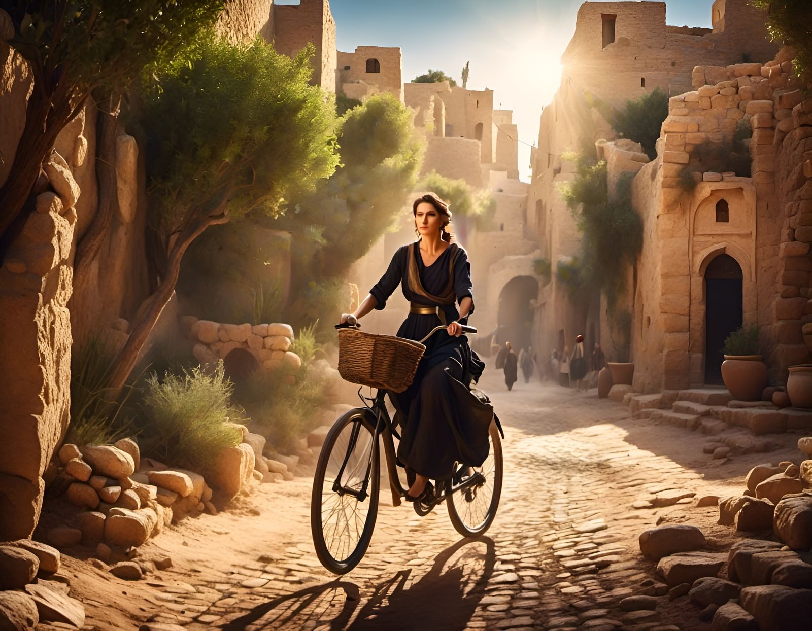 Woman on Bike in Ancient Cityscape