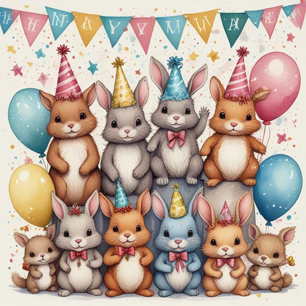 Colorful Party Animals Celebrate Happy New Year 2025 in Whim...