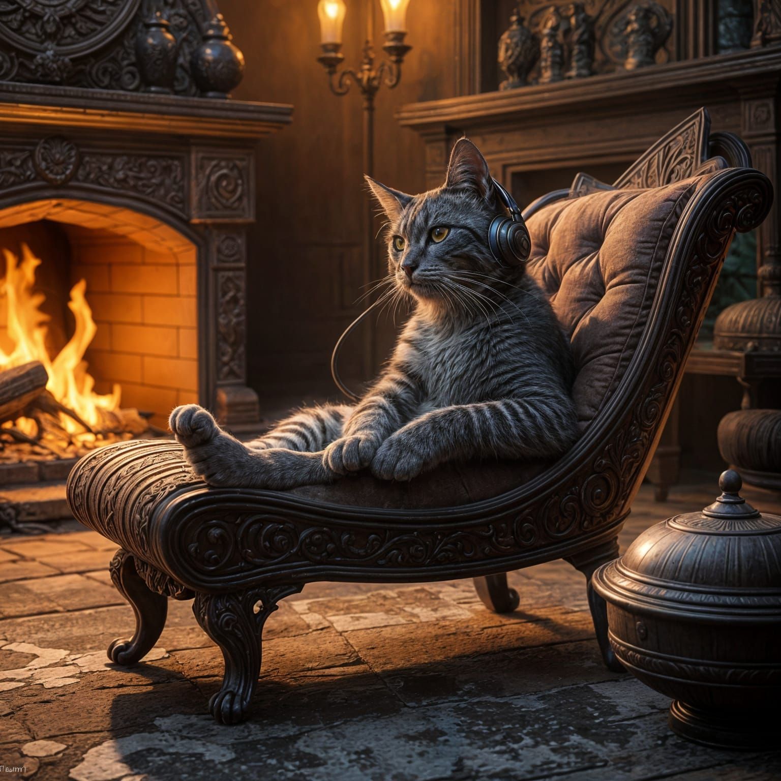 Cat Listening to Music by Fireplace, Matte Painting