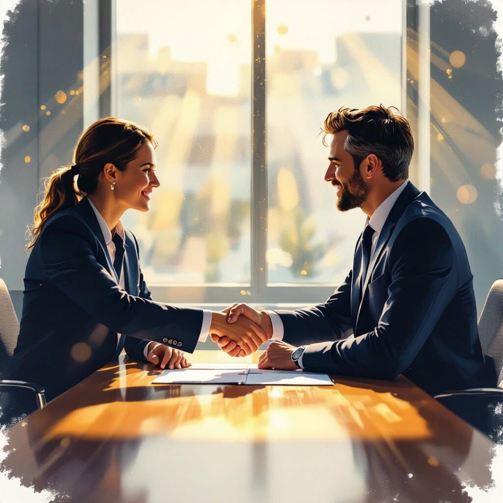 Business Deal Finalized in Sunlit Conference Room
