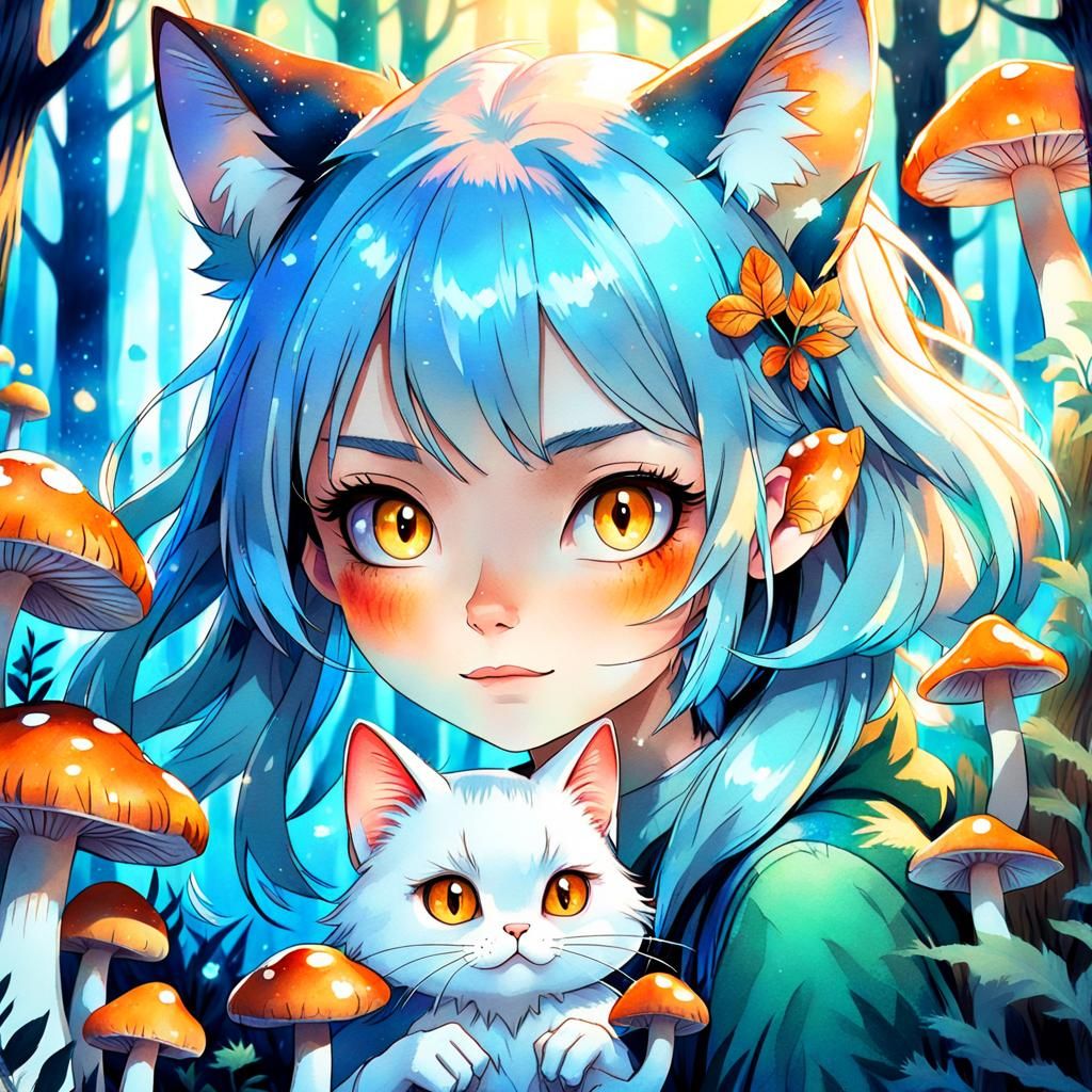 Anime Cat Girl in Mystical Forest Watercolor