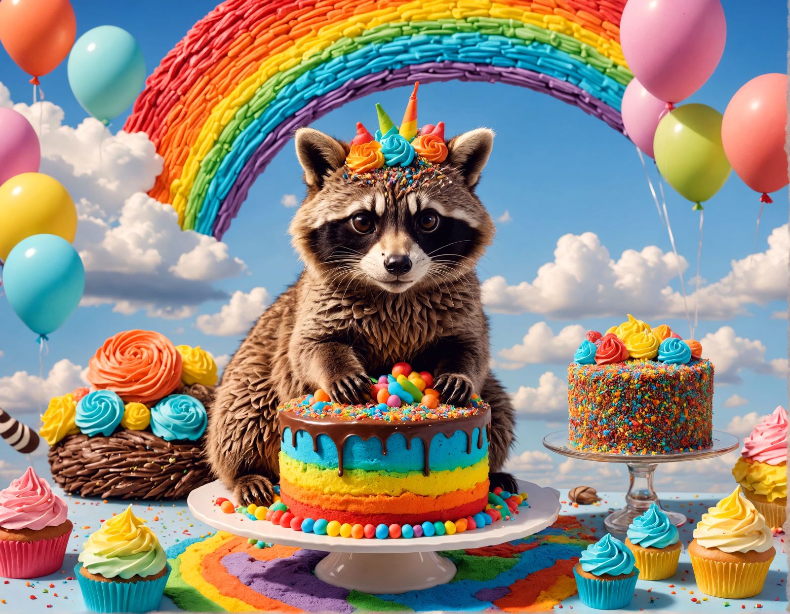 Rainbow Raccoon Cake with Ostrich Girl