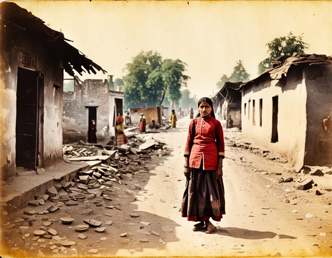 Young Woman on Chandigarh Street: 1880s Color Photo