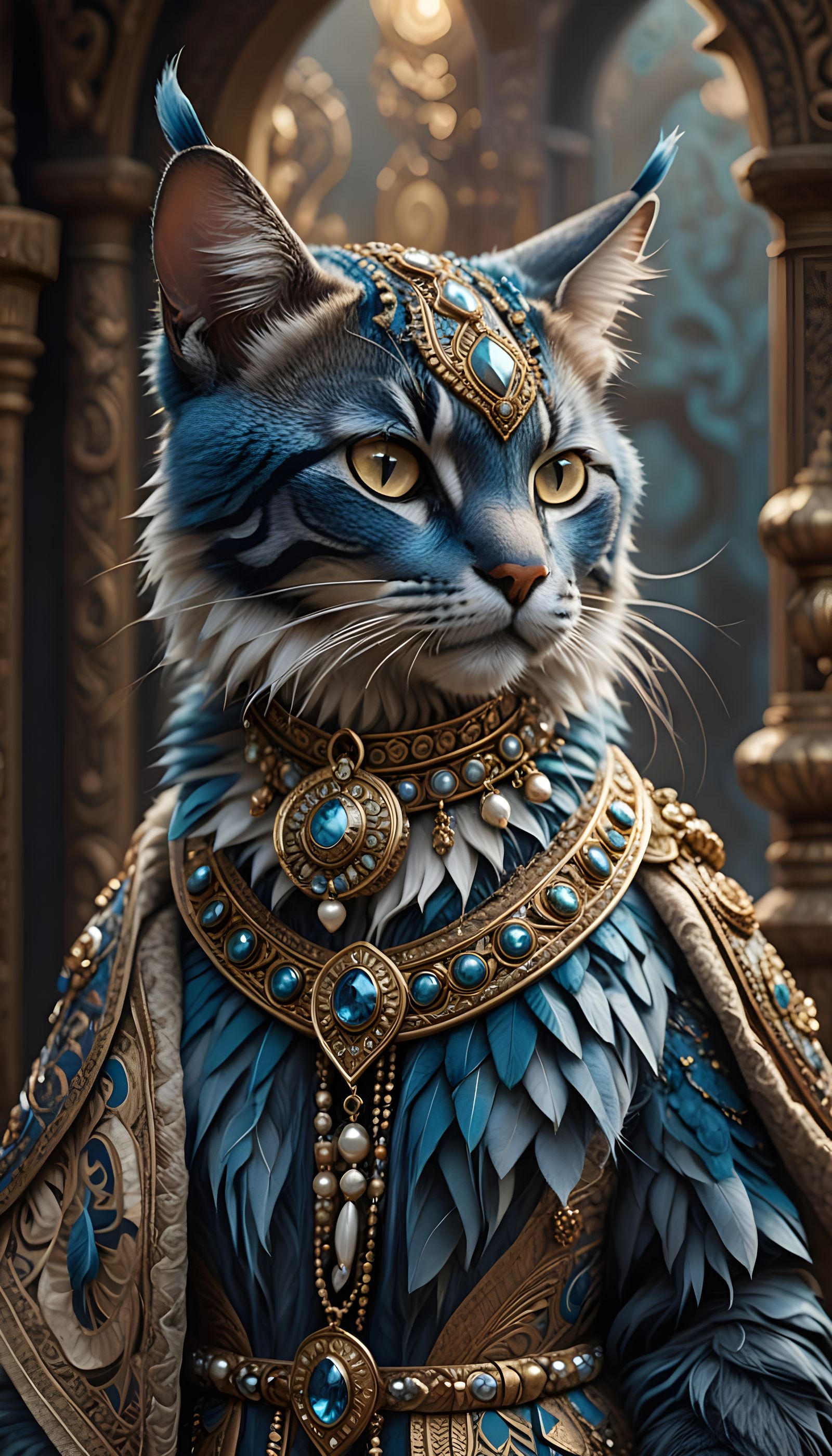 Mystical Blue Feline Noble in Forgotten Kingdom Attire