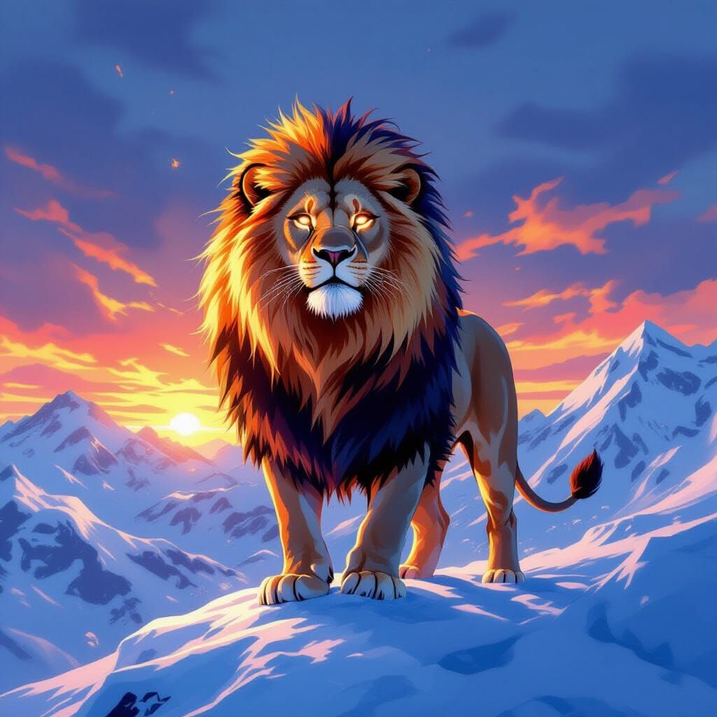Majestic Lion on Snowy Peak: Anime-Inspired Iridescent Art