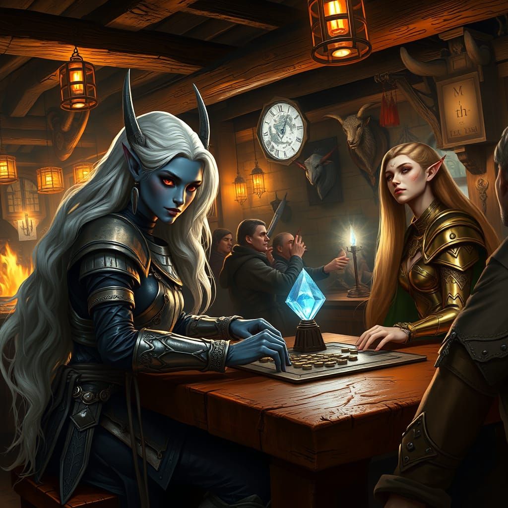 Ethereal Drow Warrior Engages in Medieval Fantasy Tavern Bat...