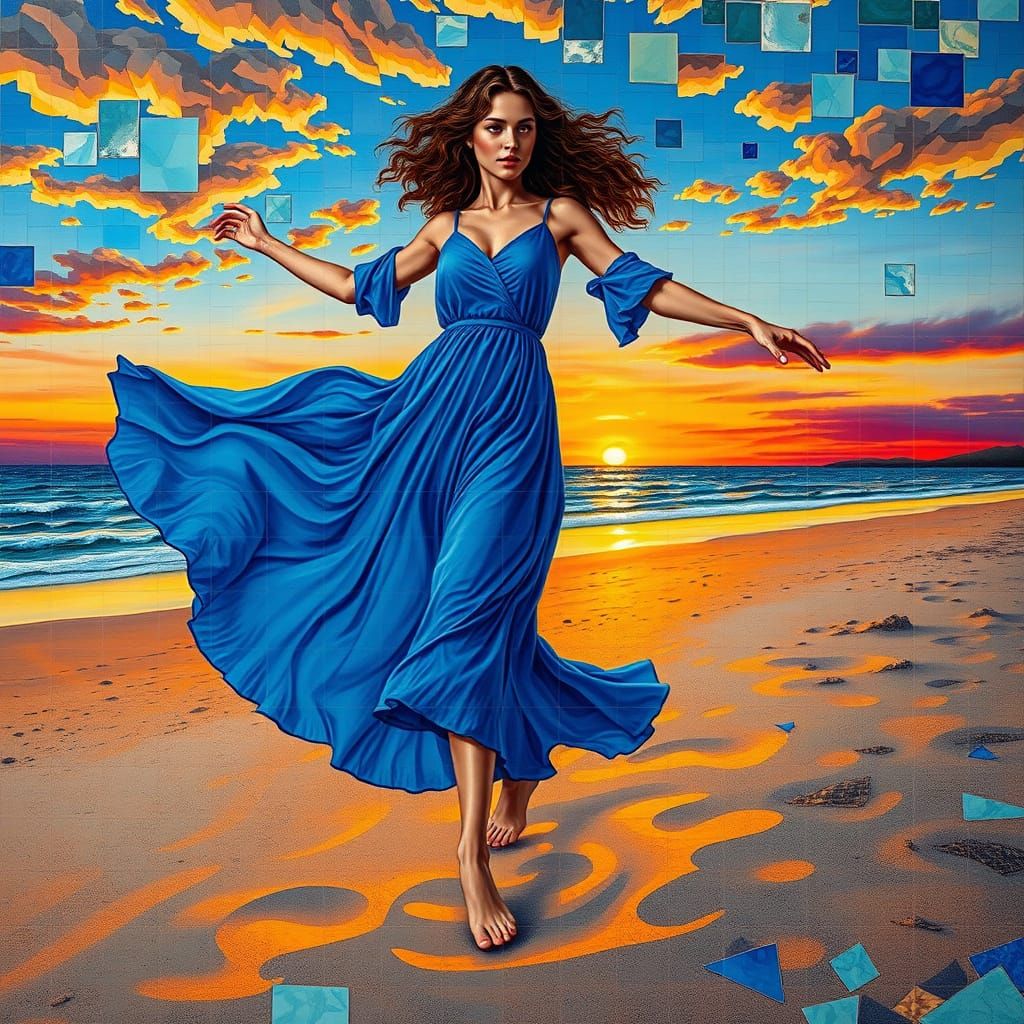 Mosaic Dancer on Beach in Klimt Style