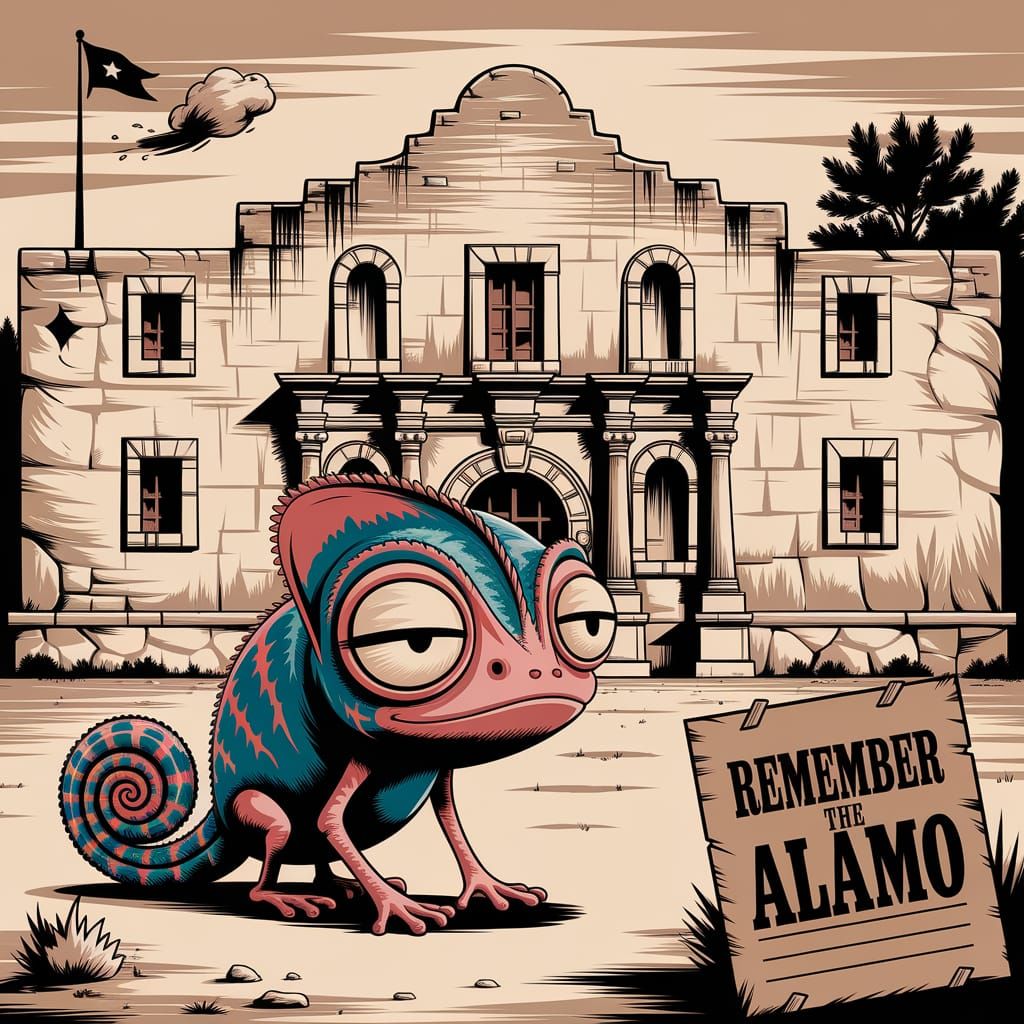 Animated Chameleon Tip-Toes Past Alamo in Sepia Tones