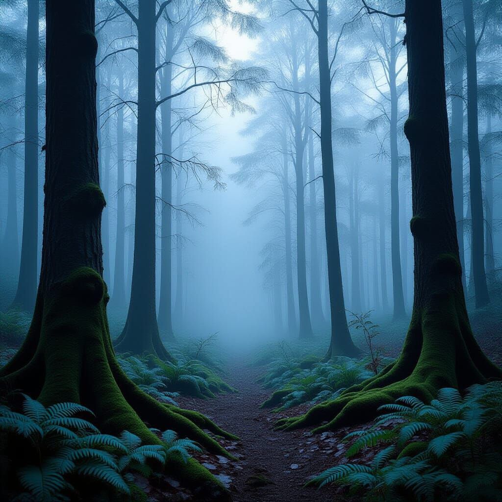 Mysterious Foggy Forest at Dawn with Light Shafts