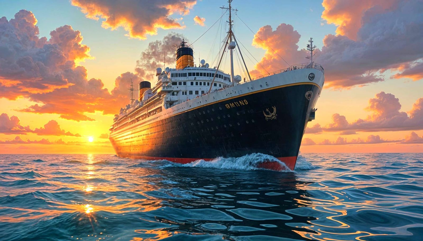 Ocean Liner Sunset: Hyperrealistic Digital Rendering