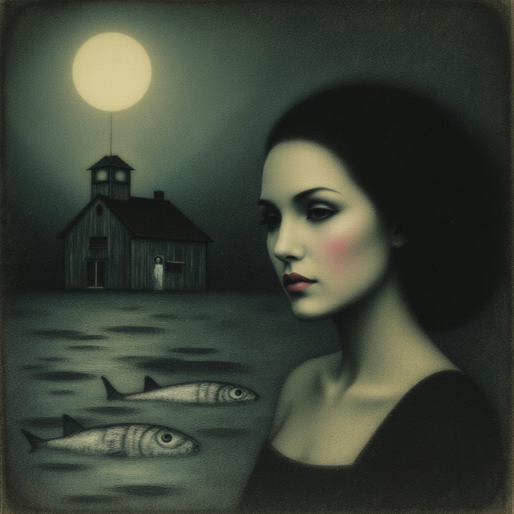 Ethereal Woman on Moonlit Shore in Surreal Style