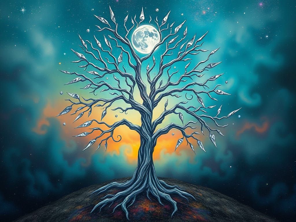 Surreal Bismuth Tree with Silver Moon, Rainbow Mist