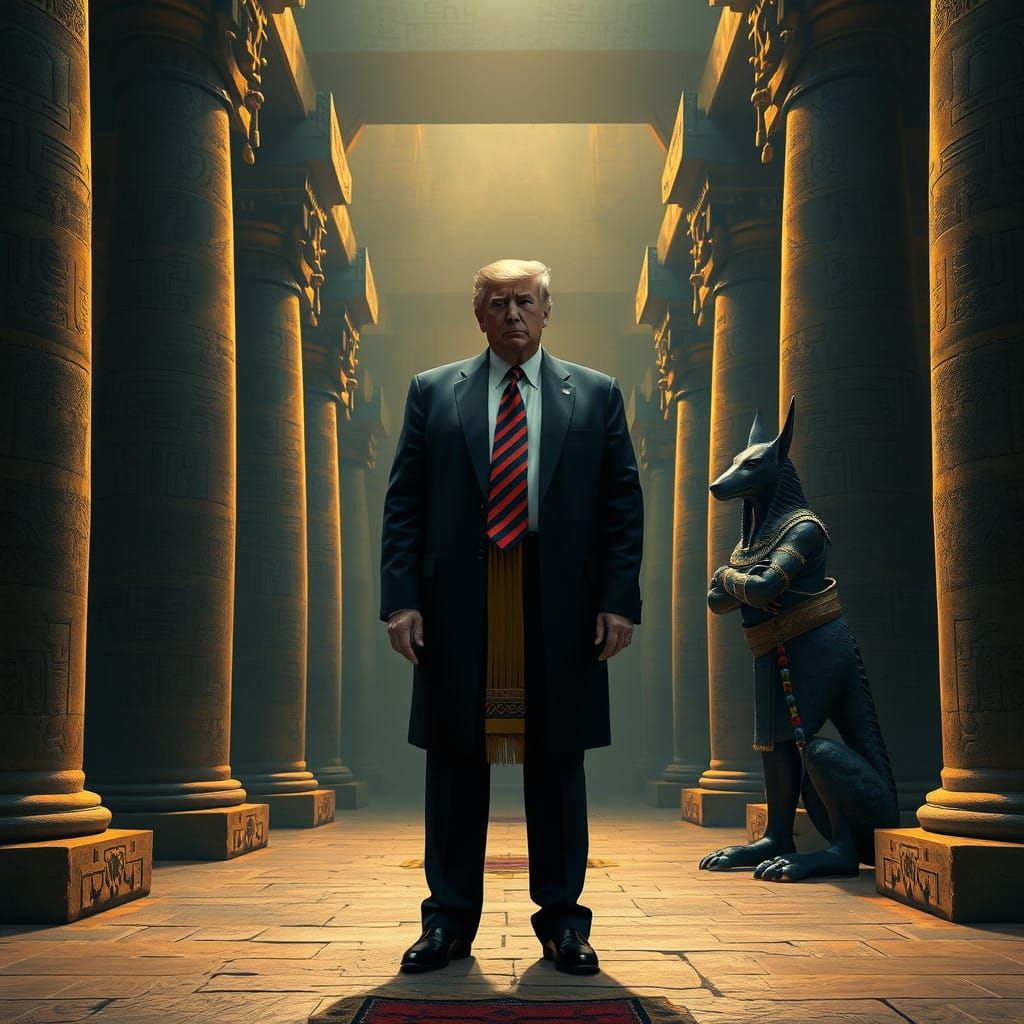 Trump Meets Anubis in Ancient Egyptian Temple Realism