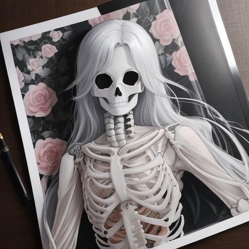 Manhwa Skeleton with Camellias in Gouache Style