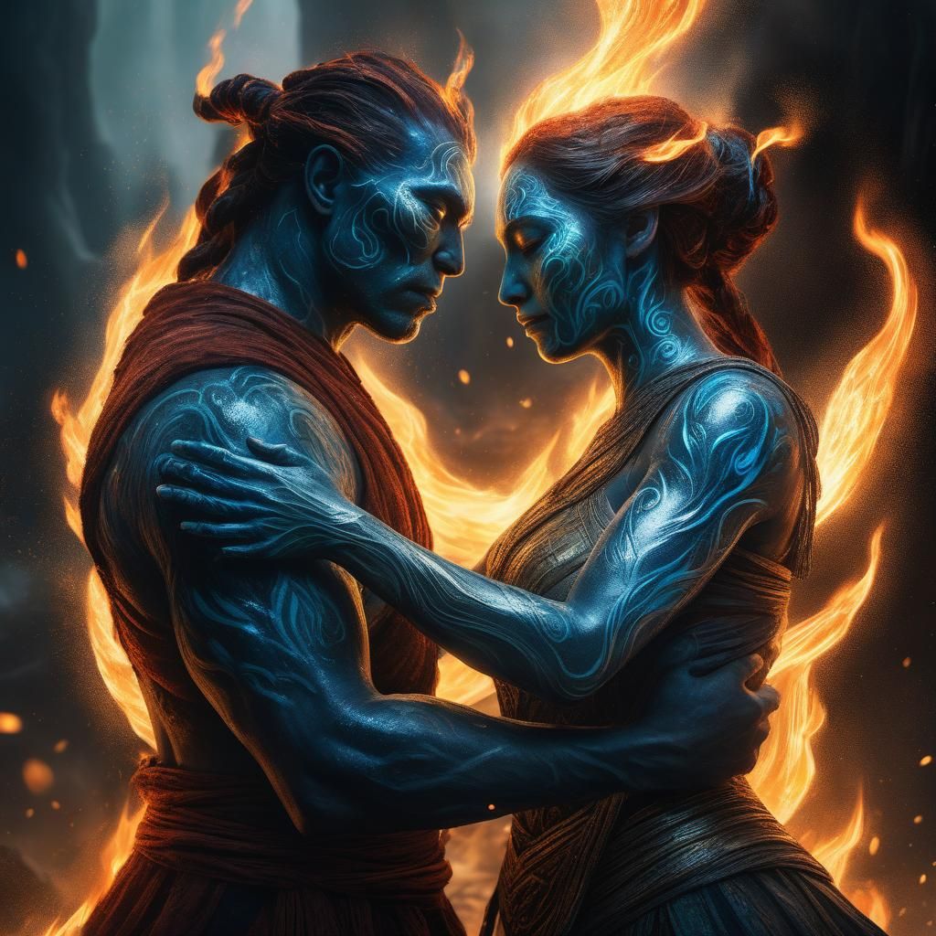 Elemental Spirits Embrace in High Fantasy Digital Art