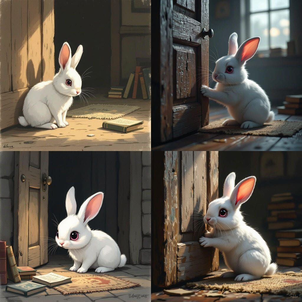 Anxious White Rabbit Scratches Wooden Door