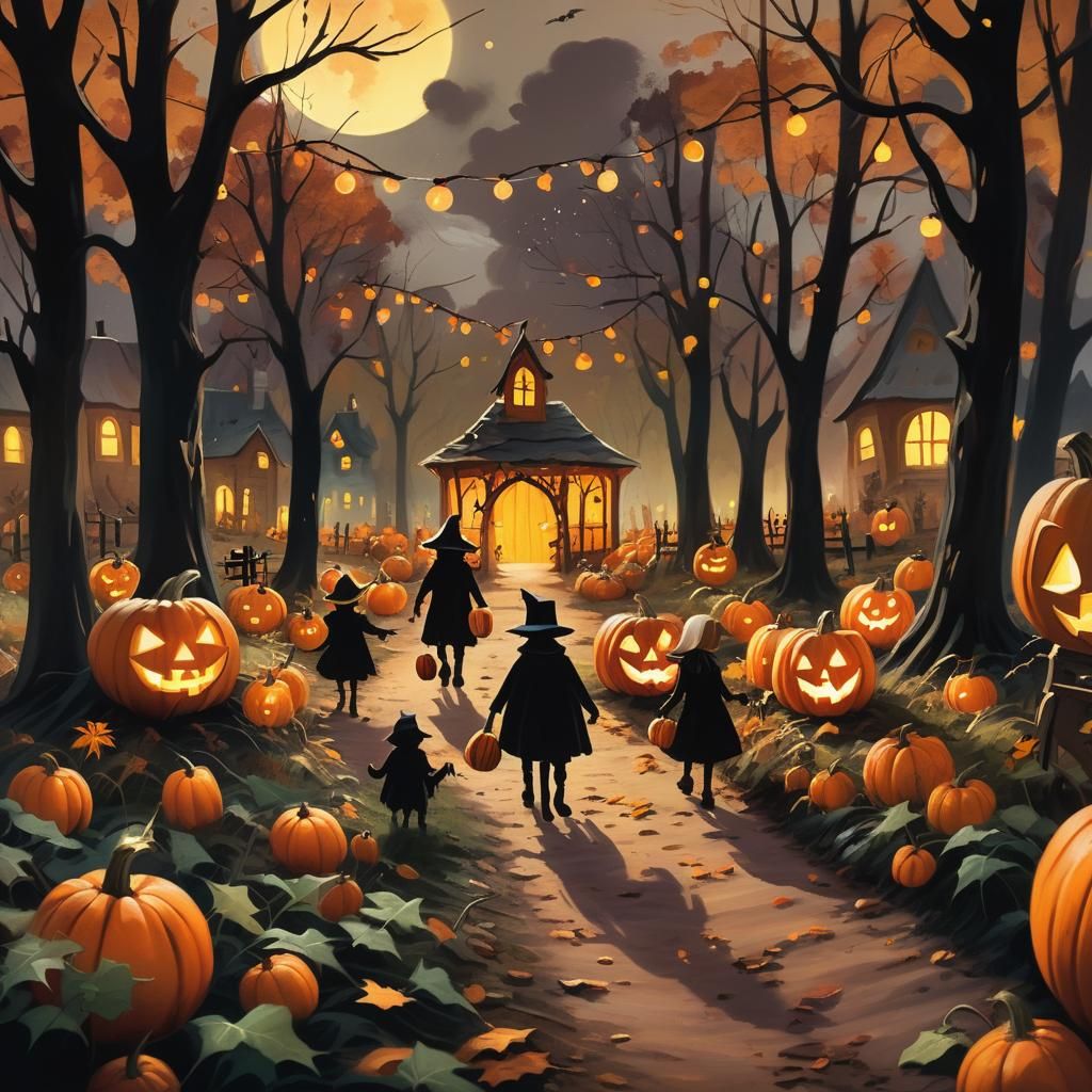 Whimsical Haunted Pumpkin Patch Oil Painting