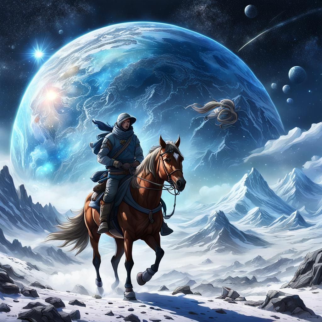 Hyperrealistic Mountain Man on Alien Planet in Blizzard