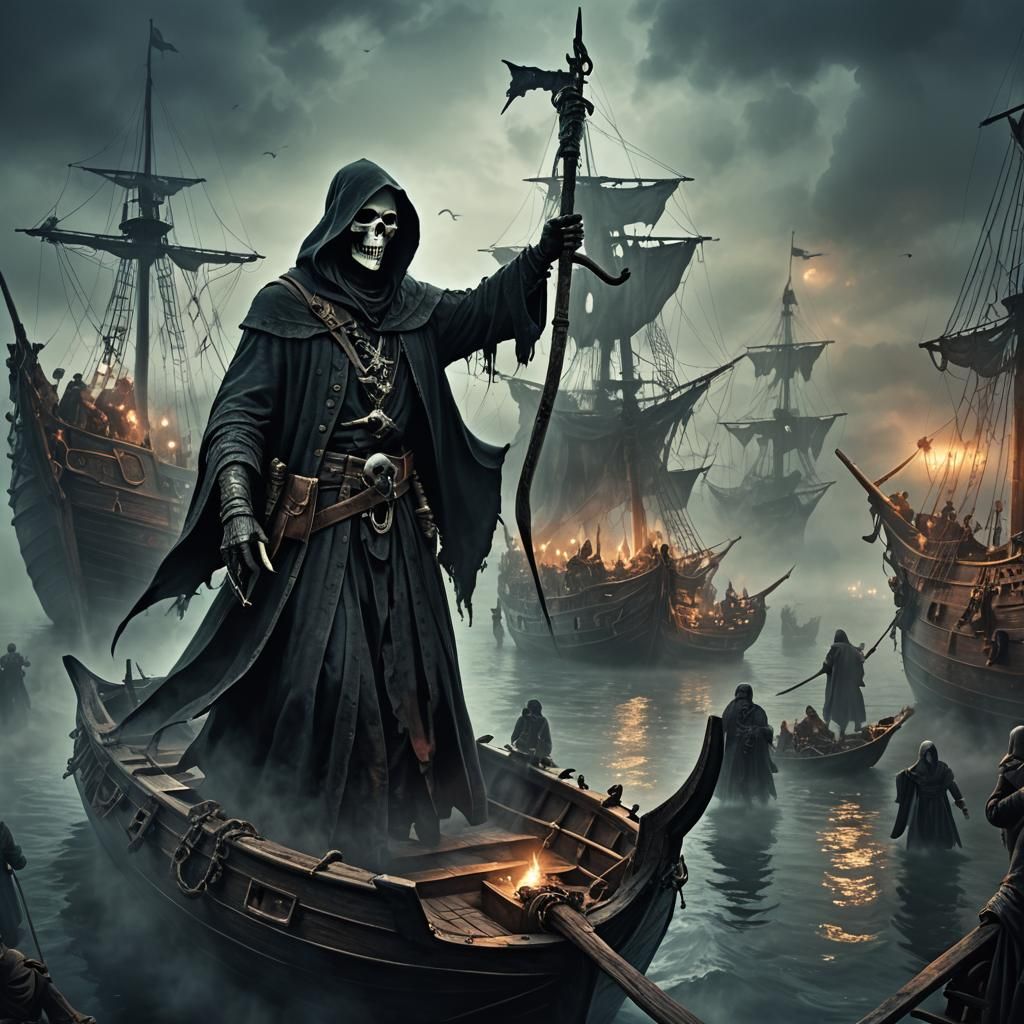 Grim Reaper Guides Souls on Pirate Ship