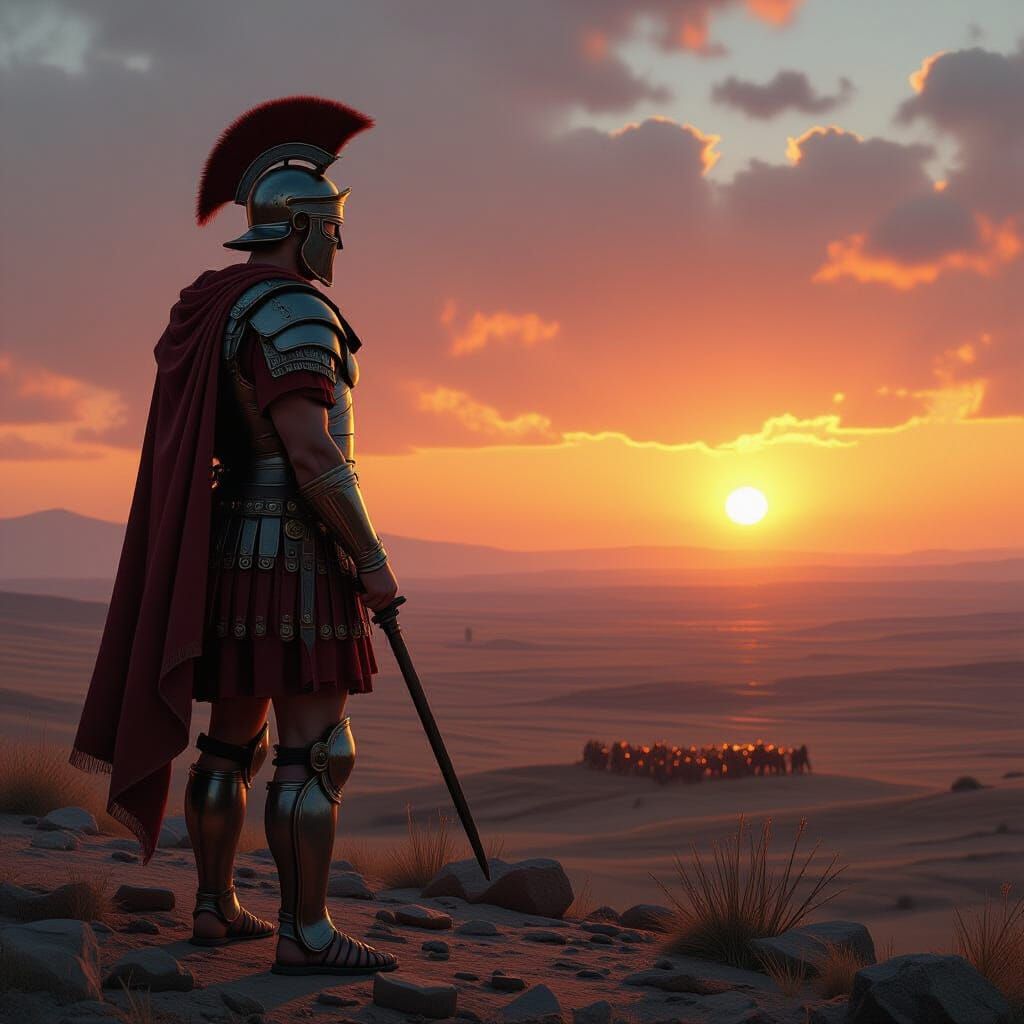 Roman Centurion on Hill at Sunset, Hyperrealistic Style