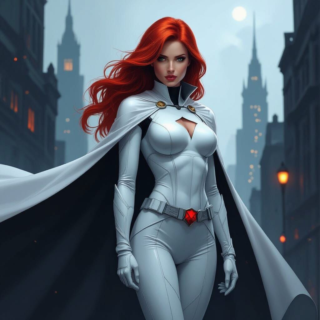 Red-Haired Superheroine in Gothic Noir Cityscape